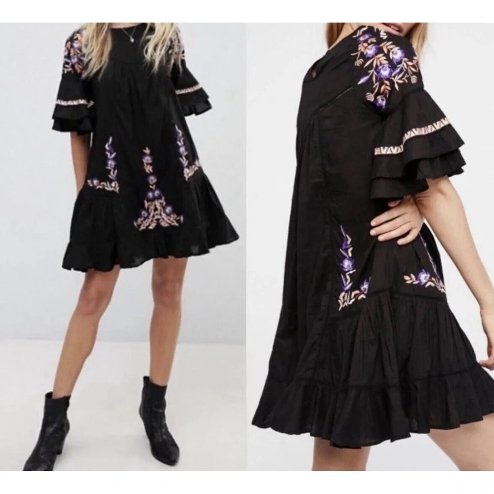 Free People Pavlo Embroidered Ruffle Mini Dress Black Women’s  Size Small - Picture 11 of 14